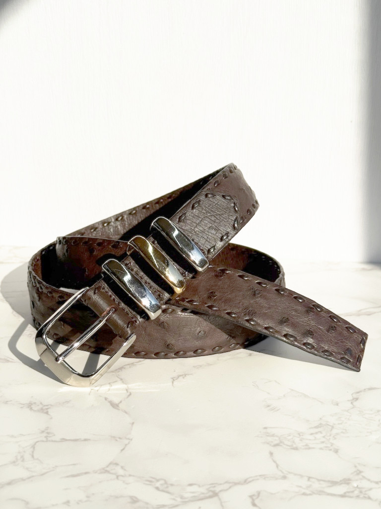 日本製　クライン・カルー　オーストリッチ　手縫い　肚無双　上質　Lサイズ　３５㎜巾　ベルト　エキゾチックレザー