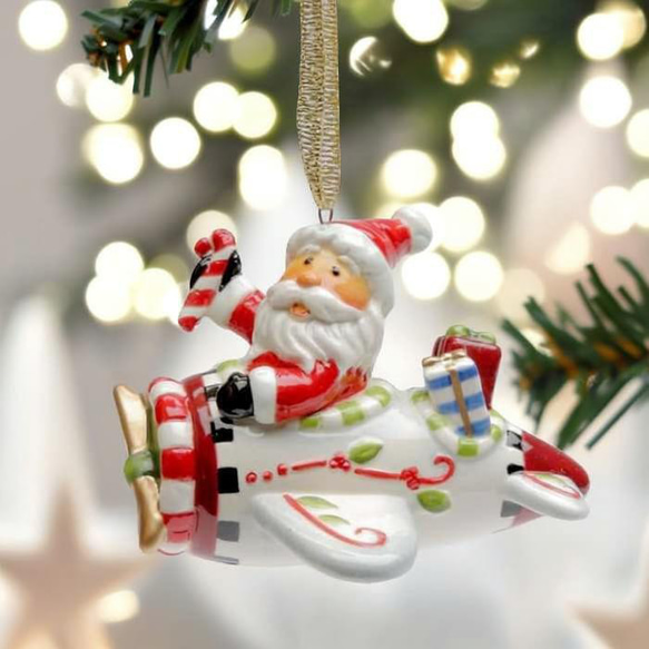 陶器製　クリスマスオーナメント 陶器のオーナメント サンタクロース パイロット 飛行機 クリスマス