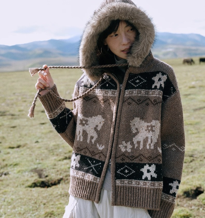 フード付き暖かい ウール100%北欧風編みセーター/カーディガン【秋冬春】ブラウン系