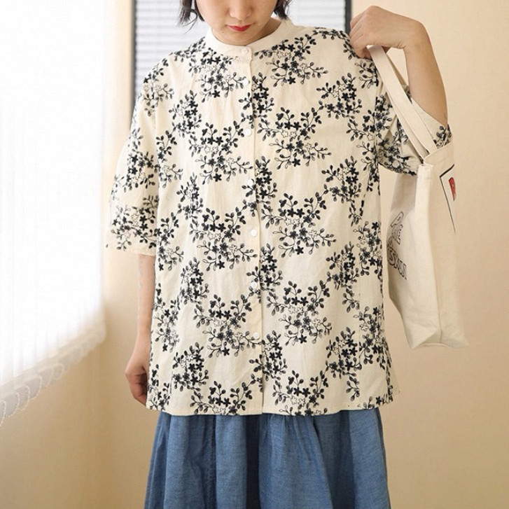 刺繍 半袖 夏服 トップス レディース ブラウス 日常 コットン100%