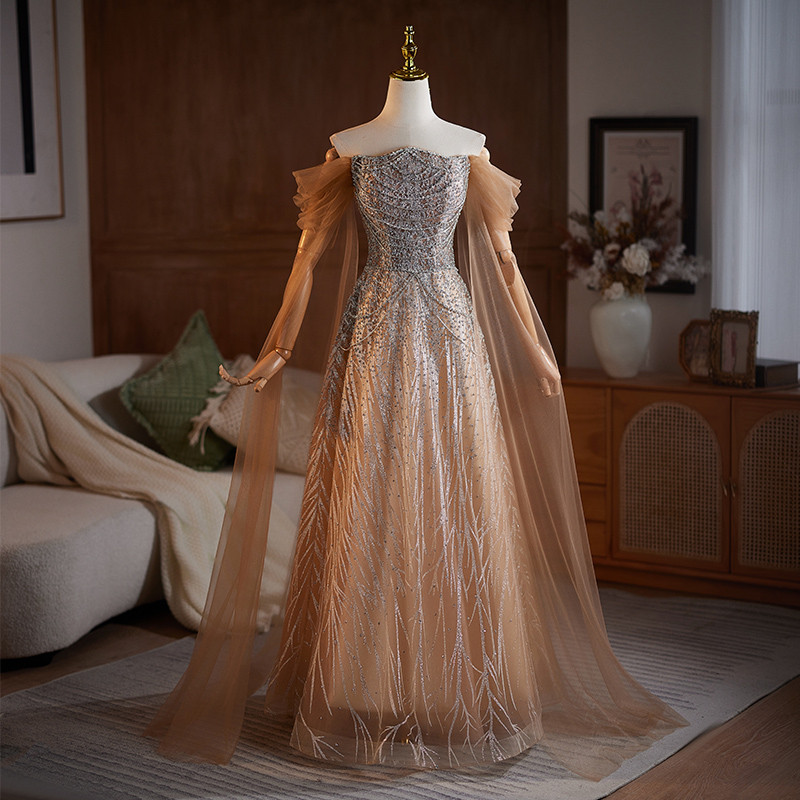 豪華 シャンパン色 スパンコール きらきら パーティードレス 高級感 結婚式 演奏会 二次会 前撮り 披露宴 09034