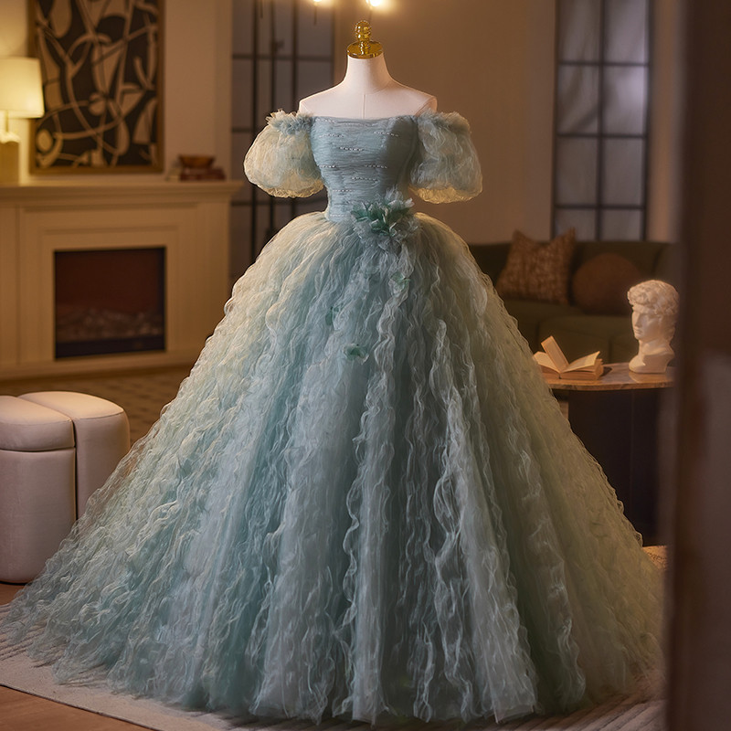 豪華 緑 オフショルダー ふわふわ パーティードレス プリンセス 結婚式 演奏会 二次会 前撮り 披露宴 09033