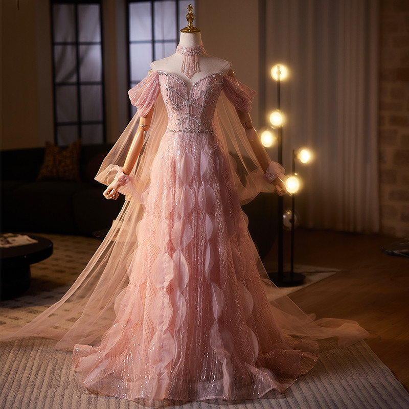 豪華 ピンク スパンコール 裾引き パーティードレス 高級感 結婚式 演奏会 二次会 前撮り 披露宴 09032