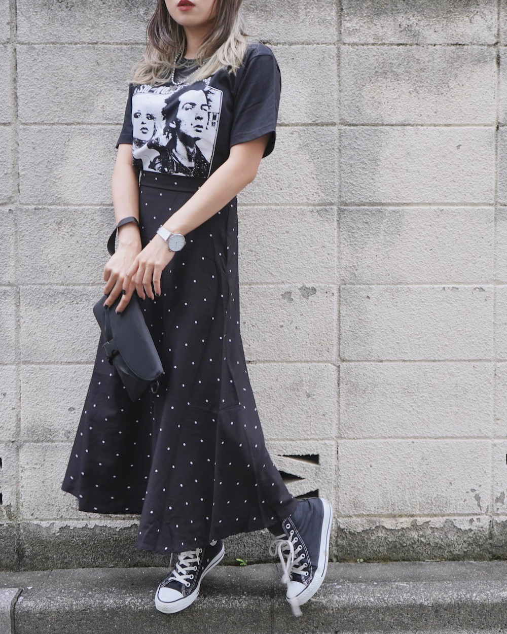Pin Dot A-Line Long Skirt（black）