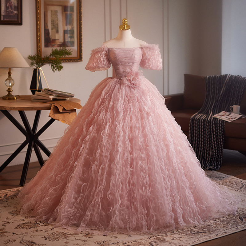 豪華 ピンク オフショルダー ふわふわ パーティードレス プリンセス 結婚式 演奏会 二次会 前撮り 披露宴 09031