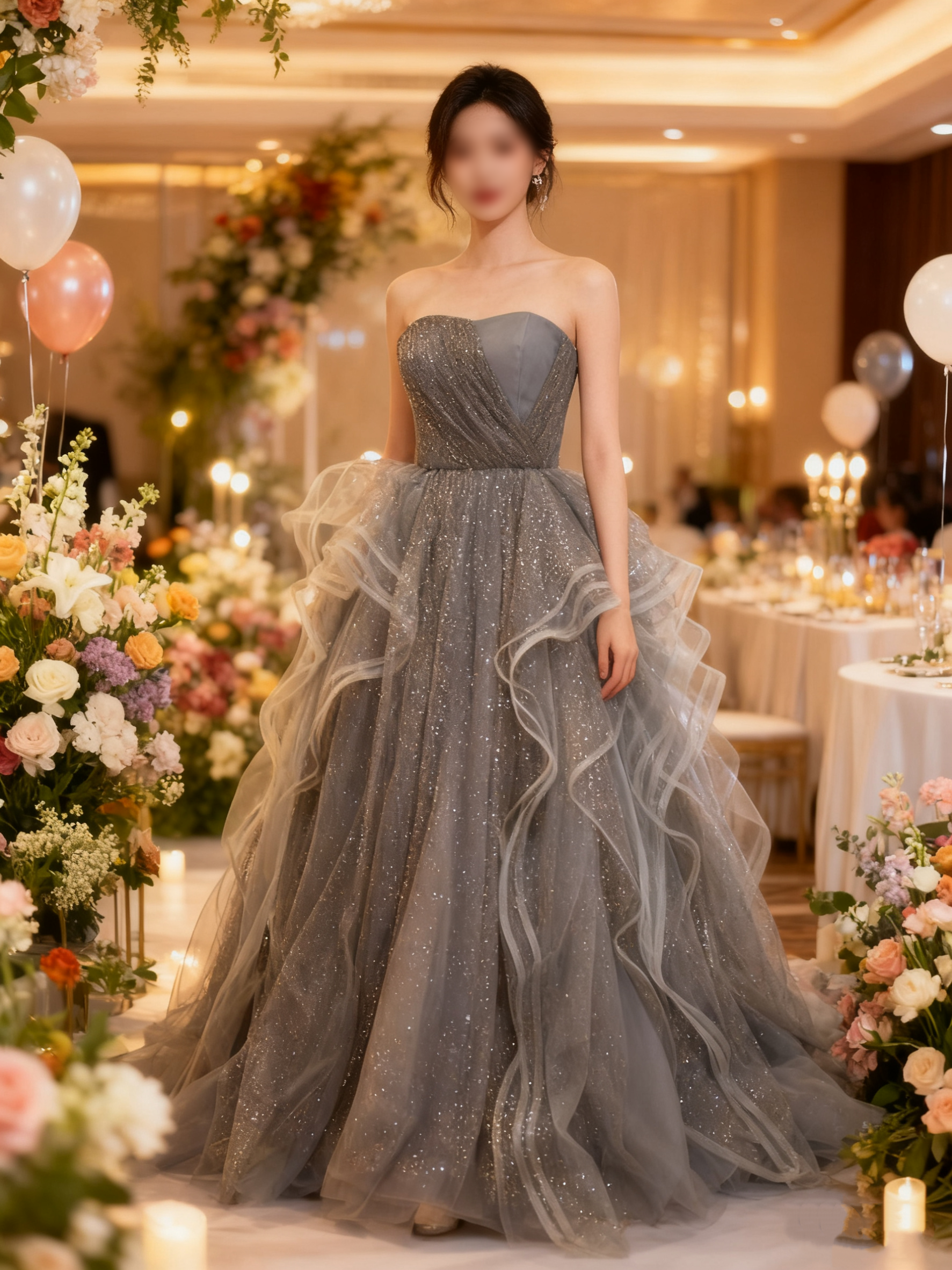 送料無料！カラードレス グレー ベアトップ キラキラグリッターチュール ラッフルフリル アシンメトリードレス 結婚式