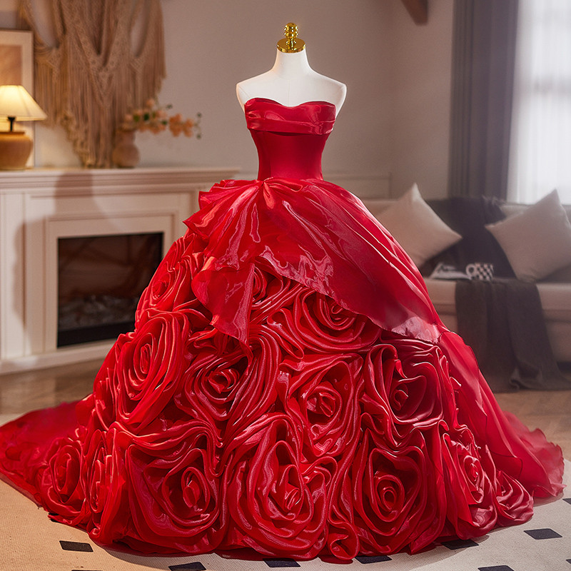 豪華 赤 立体花 パーティードレス プリンセス 綺麗 結婚式 演奏会 二次会 前撮り 披露宴 09029