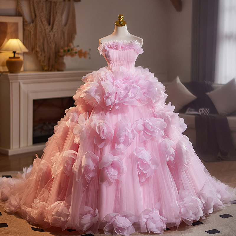 豪華 ピンク 立体花 ふわふわ パーティードレス プリンセス 結婚式 演奏会 二次会 前撮り 披露宴 09028