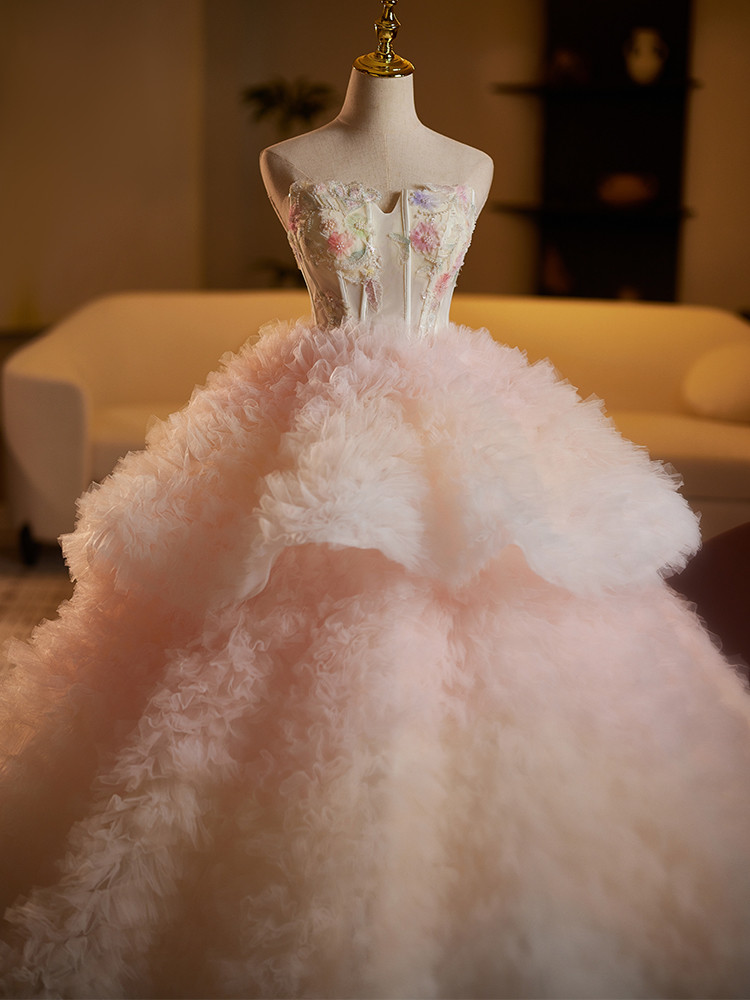豪華 ピンク ふわふわ ウェディングドレス 綺麗 プリンセス 結婚式 演奏会 二次会 前撮り 披露宴 09024