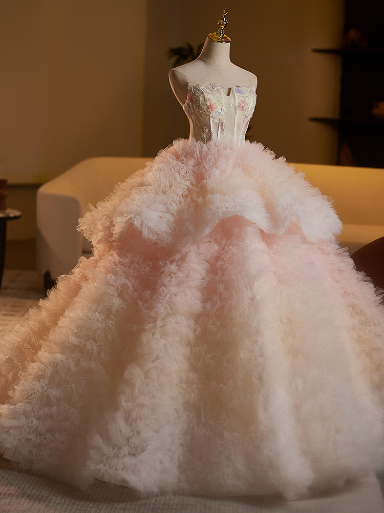 豪華 ピンク ふわふわ ウェディングドレス 綺麗 プリンセス 結婚式 演奏会 二次会 前撮り 披露宴 09024