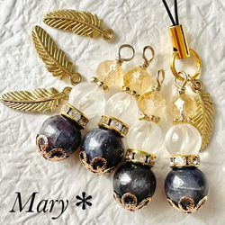 1905　シトリン×ミルキークォーツ×アイオライトサンストーン　羽　天然石　お守り　ストラップ　チャーム 3枚目の画像