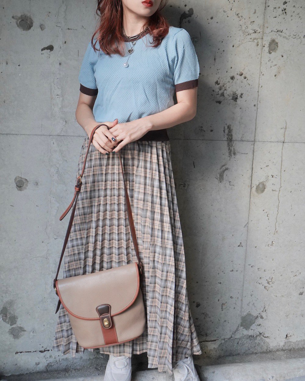 Beige Check Pleats Long Easy Skirt