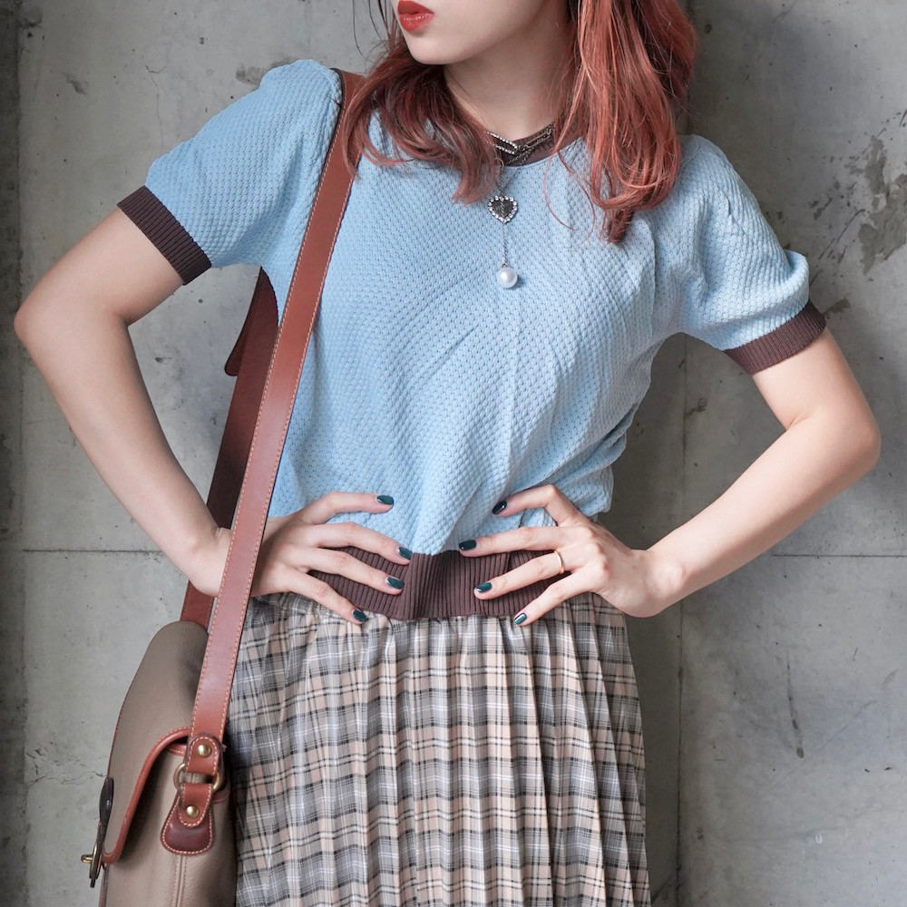 Beige Check Pleats Long Easy Skirt