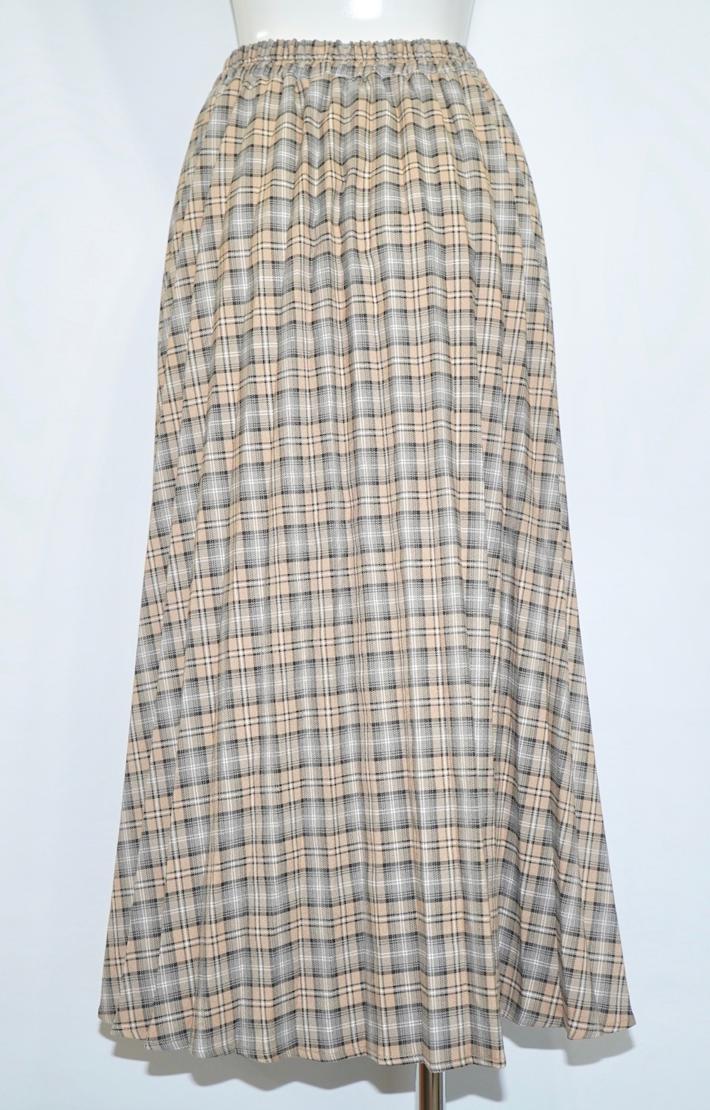 Beige Check Pleats Long Easy Skirt
