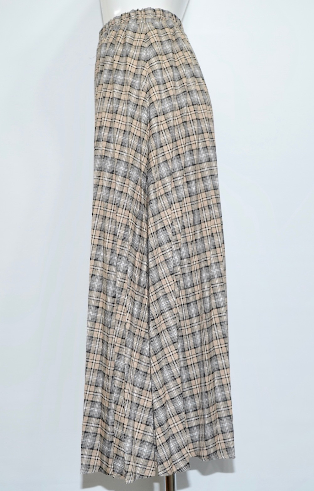 Beige Check Pleats Long Easy Skirt