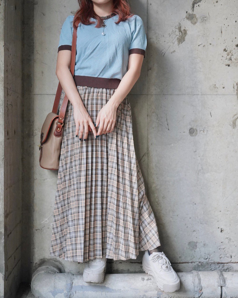 Beige Check Pleats Long Easy Skirt