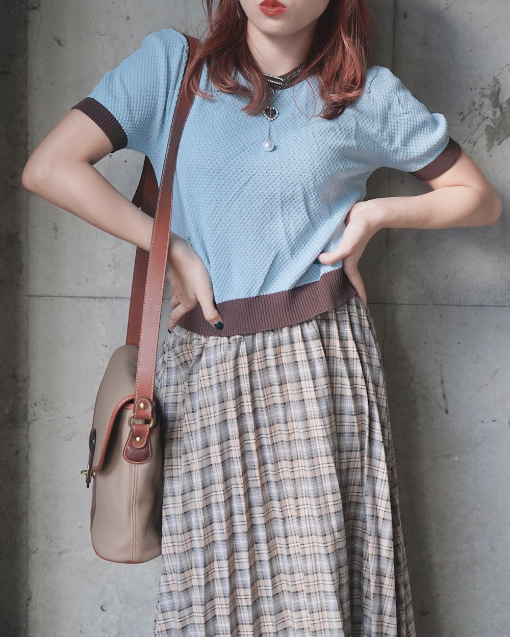 Beige Check Pleats Long Easy Skirt