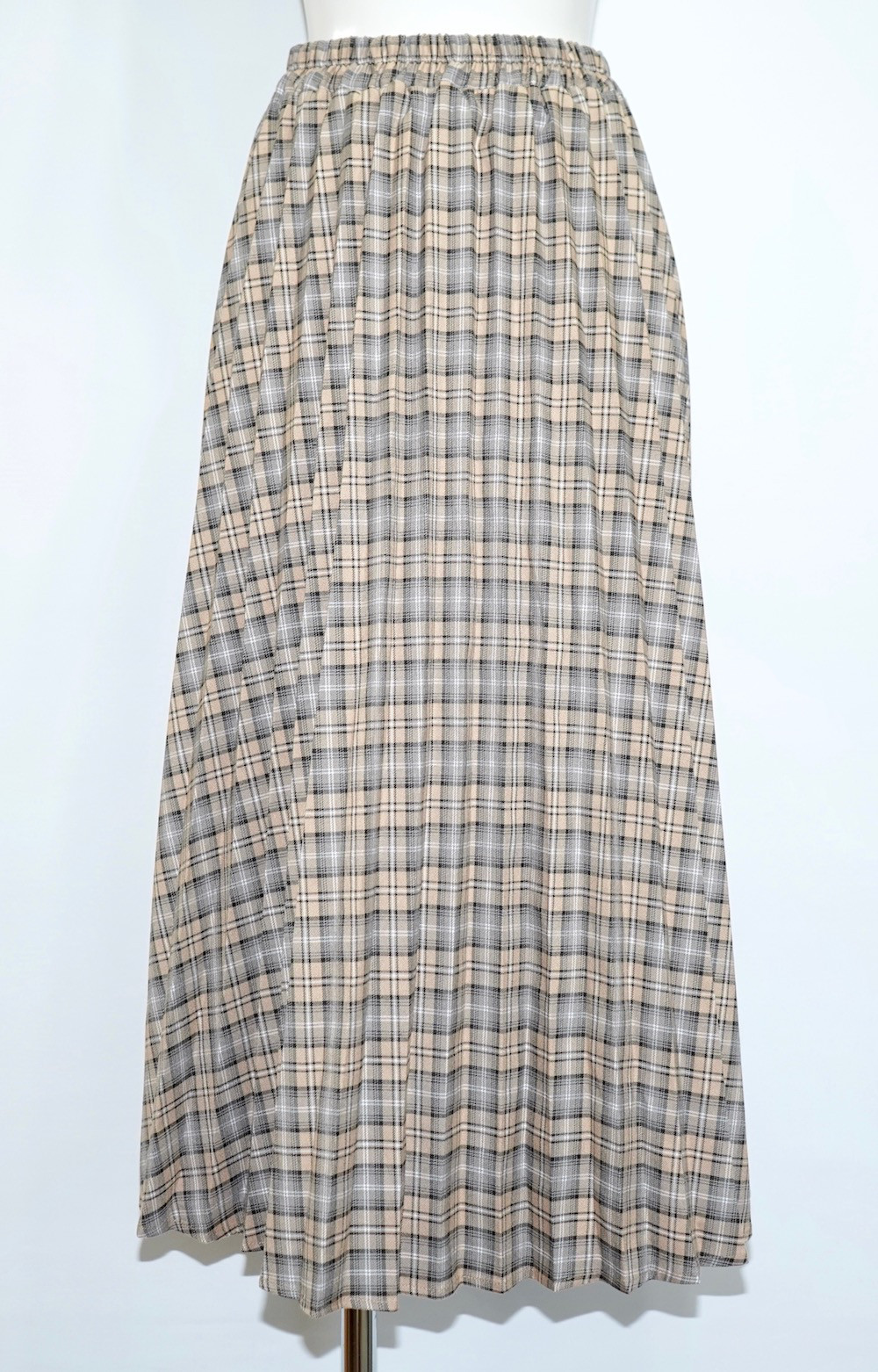 Beige Check Pleats Long Easy Skirt