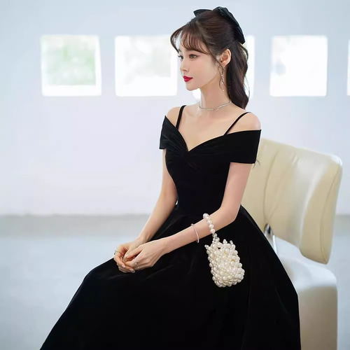 黒オフショルダーパーティードレス イブニングドレス オフショルダー 黒 ロングドレス ブラック 発表会