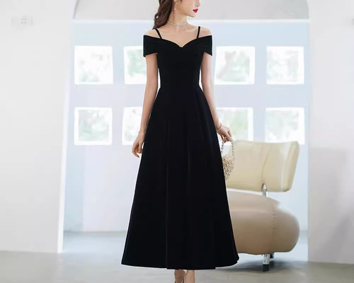 オフショルダー 黒 サテン/ベロア パーティードレス シンプル 韓国風