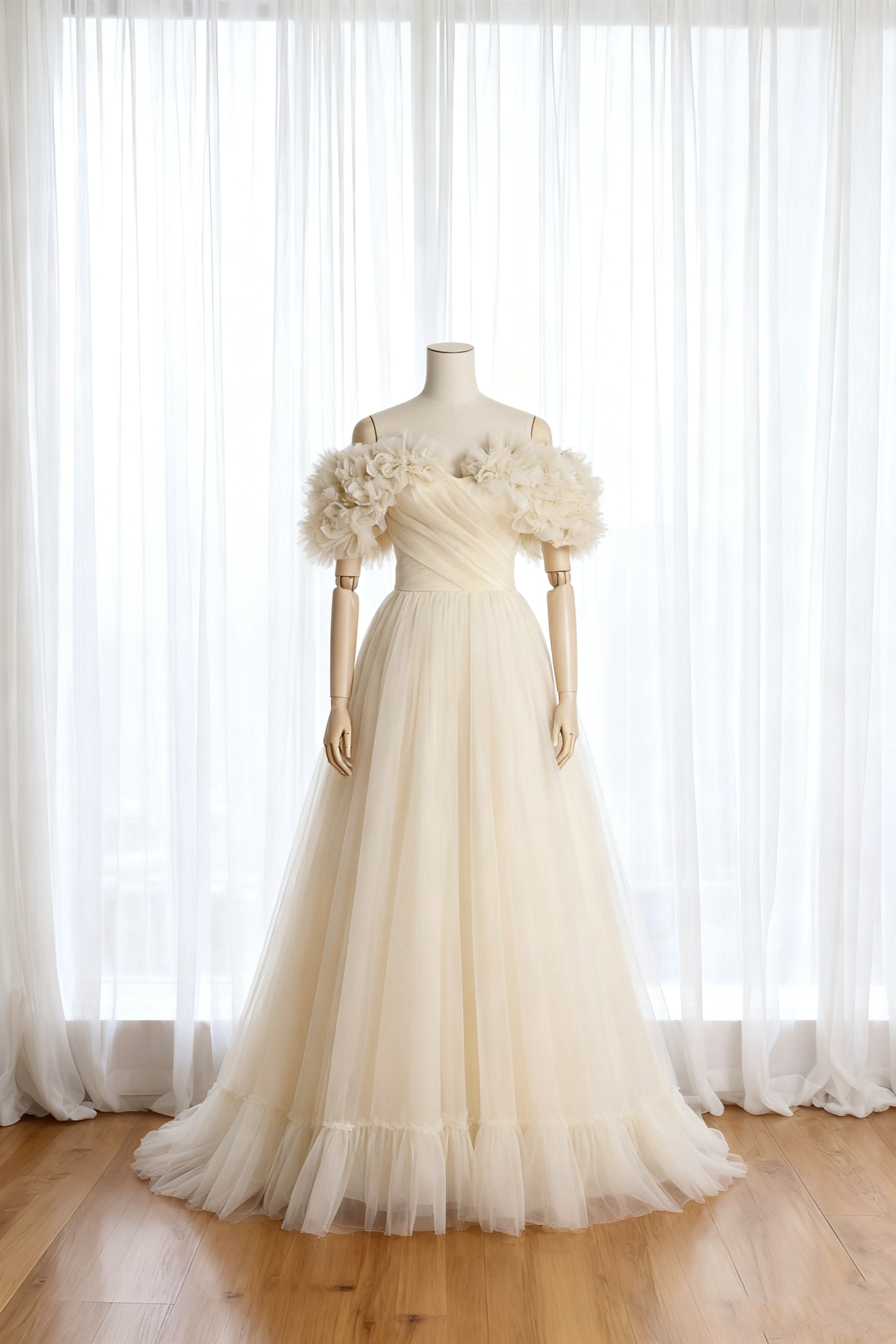 送料無料！ウェディングドレス オフショルダー チュールスカート アイボリー 結婚式/披露宴  ラッフルフリル