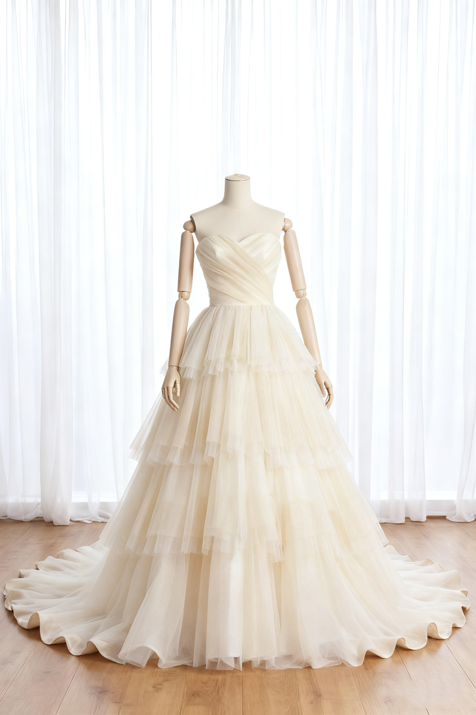 送料無料！ウエディングドレス ティアードのドレス ベアトップ 結婚式 憧れのドレス アイボリー ブライダル