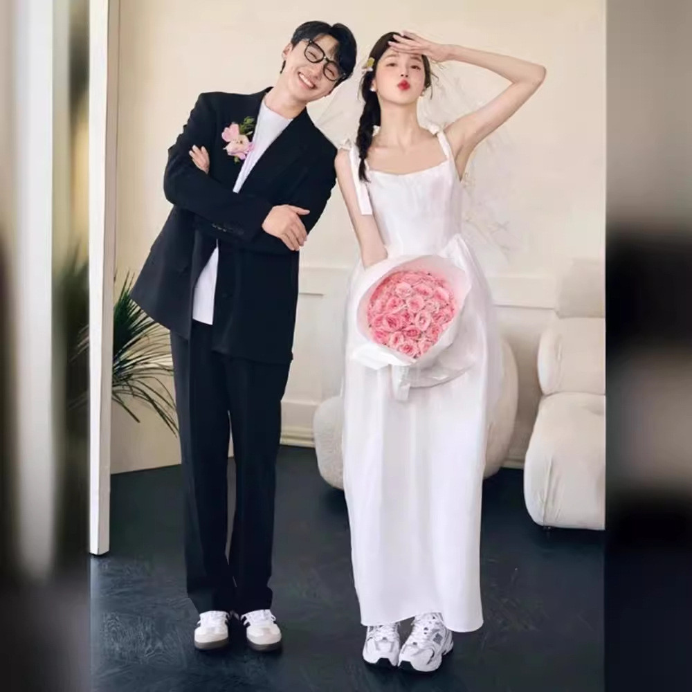 サテン 白黒 ウェディングドレス シンプル 花嫁 結婚式 誕生日 成人式 パーティー 演奏会 二次会 前撮り HL331