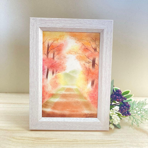 原画 パステル アート 紅葉 秋 散歩道 絵 風景 画 インテリア フレーム