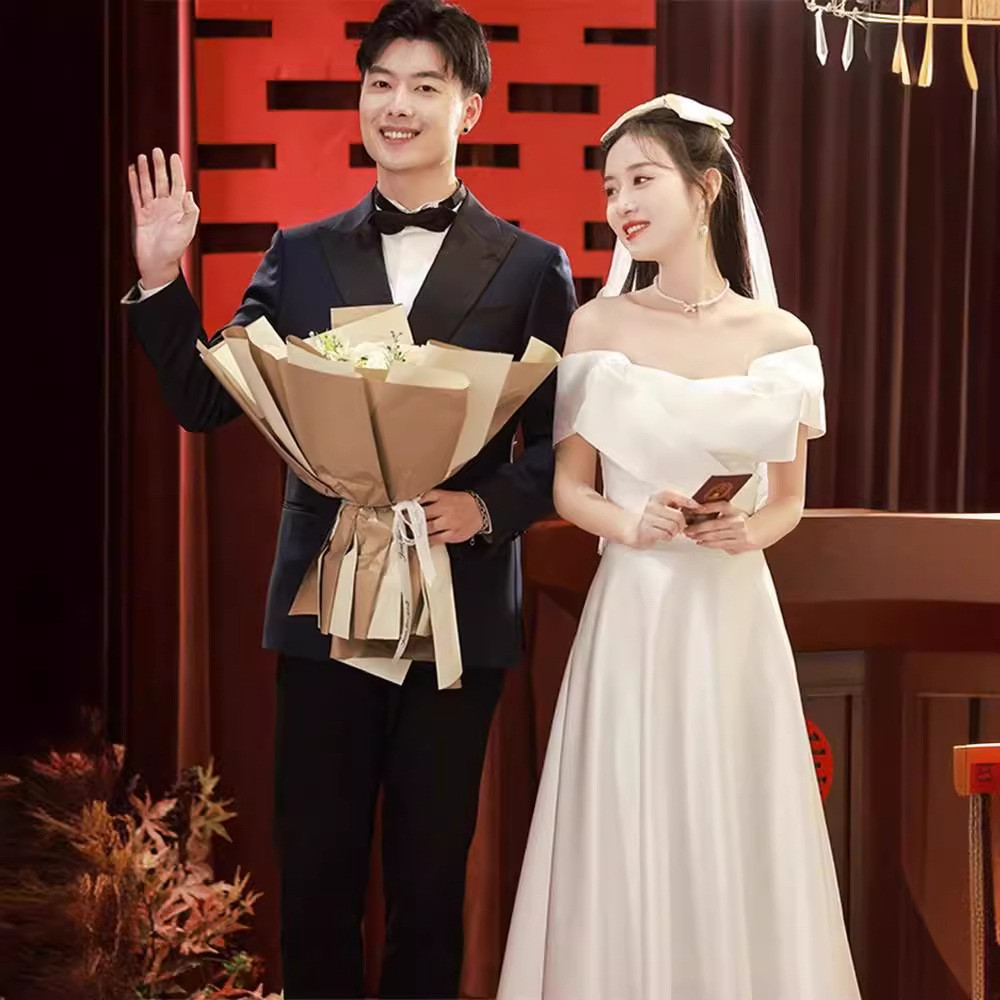 オフショルダー 白黒 サテン ウェディングドレス シンプル 花嫁 結婚式 パーティー 演奏会 二次会 前撮り HL334