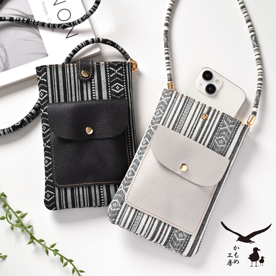 スマホポシェット 【 白縞】 スマホショルダー 革 レザー HZ14K