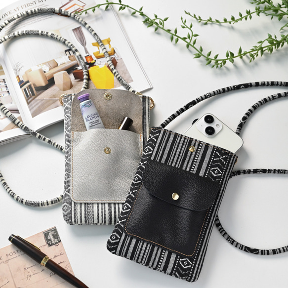 スマホポシェット 【 白縞】 スマホショルダー 革 レザー HZ14K 9枚目の画像