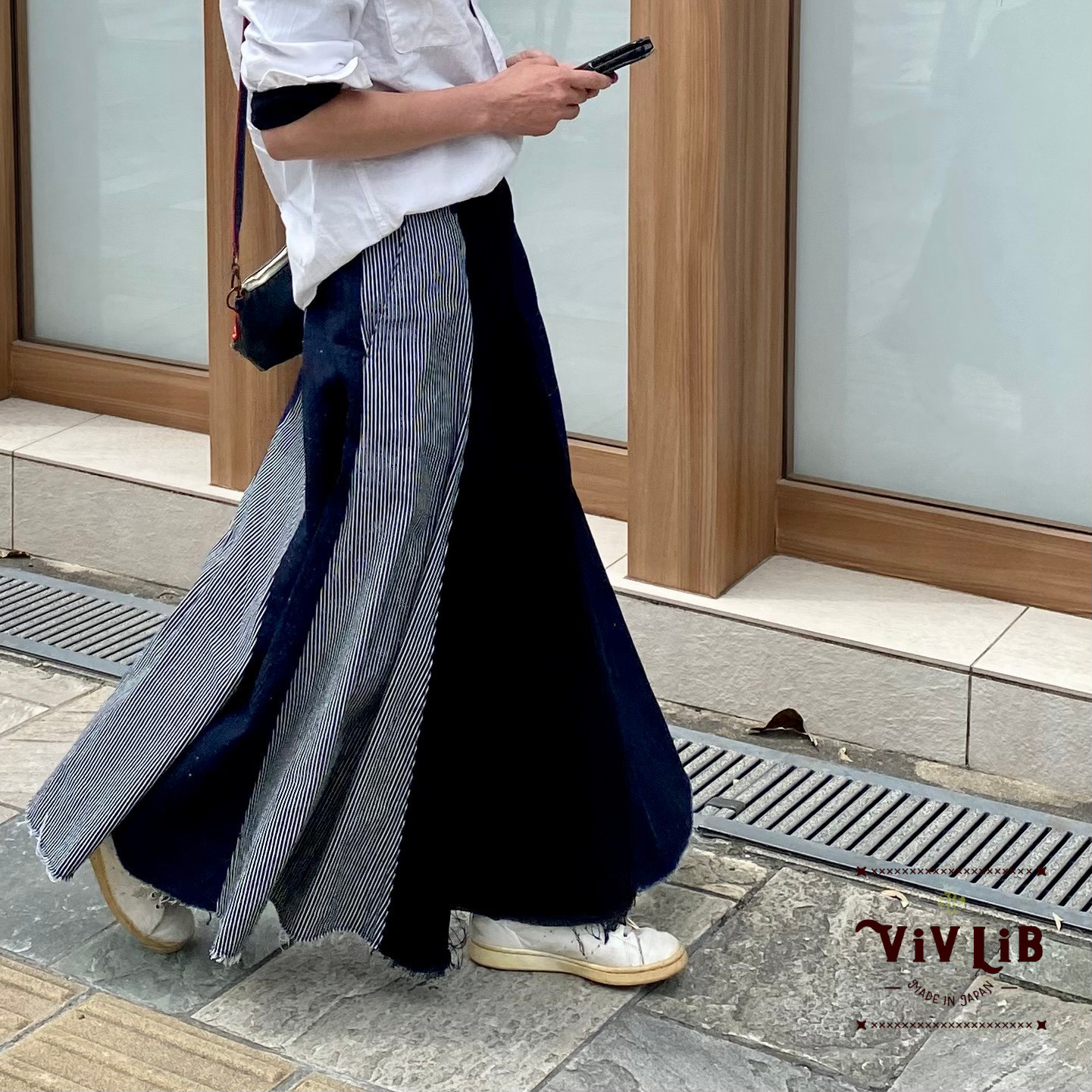 岡山デニムのクレイジーパターンマキシ丈スカート｜サイズ・デザインカスタム可｜上質セルビッチデニムのゆるっとマーメイド