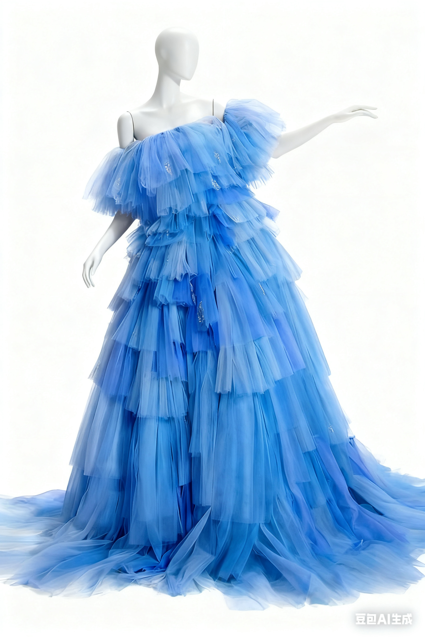 ブルーボリュームカラードレス　3ways 　リボン　トレーン　二次会　結婚式　前撮り　舞台