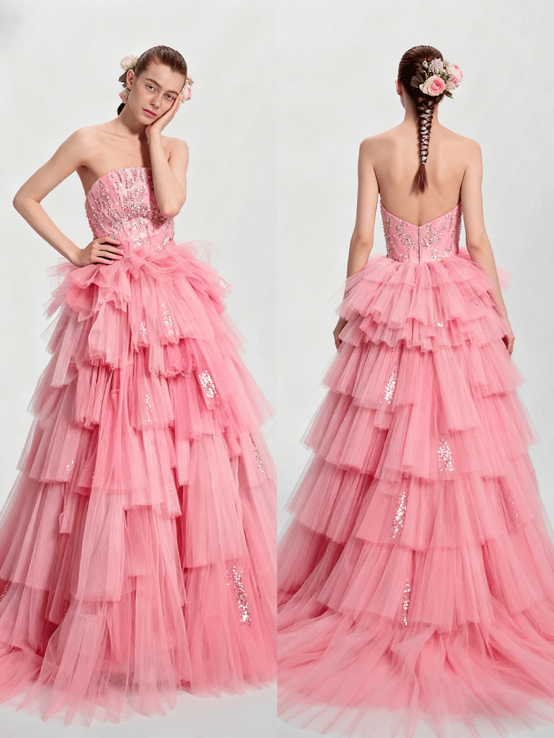 ピンクカラードレス　グラデーションチュール 　もこもこ　ティアード　トレーン　二次会　結婚式　前撮り　舞台