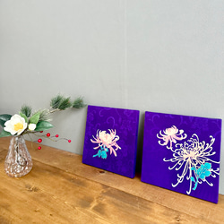 着物のファブリックパネル　紫に菊花（2枚セット） 22×22cm インテリア　着物リメイク　アートパネル　正月飾り　玄関 1枚目の画像