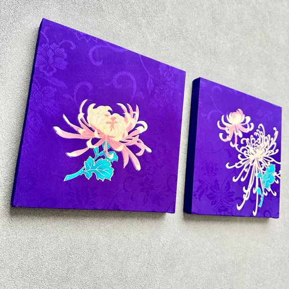 着物のファブリックパネル　紫に菊花（2枚セット） 22×22cm インテリア　着物リメイク　アートパネル　正月飾り　玄関 4枚目の画像