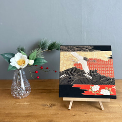 着物のファブリックパネル　輝く雲と鶴　 22×22cm インテリア　着物リメイク　アートパネル　和モダン 正月飾り　玄関 2枚目の画像