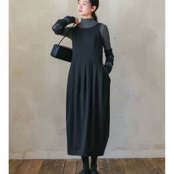 美シルエット　タック付きコクーンジャンパースカート　ポケット付き【秋冬春】ダークグレー 2枚目の画像