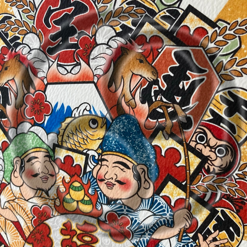 縁起熊手 吉祥画 和風イラスト A4 フレーム付き｜飛翔炎馬（午年）尾九
