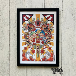 尾九 タトゥーアート 黒豹桜吹雪 A4サイズ フレーム付き イラスト