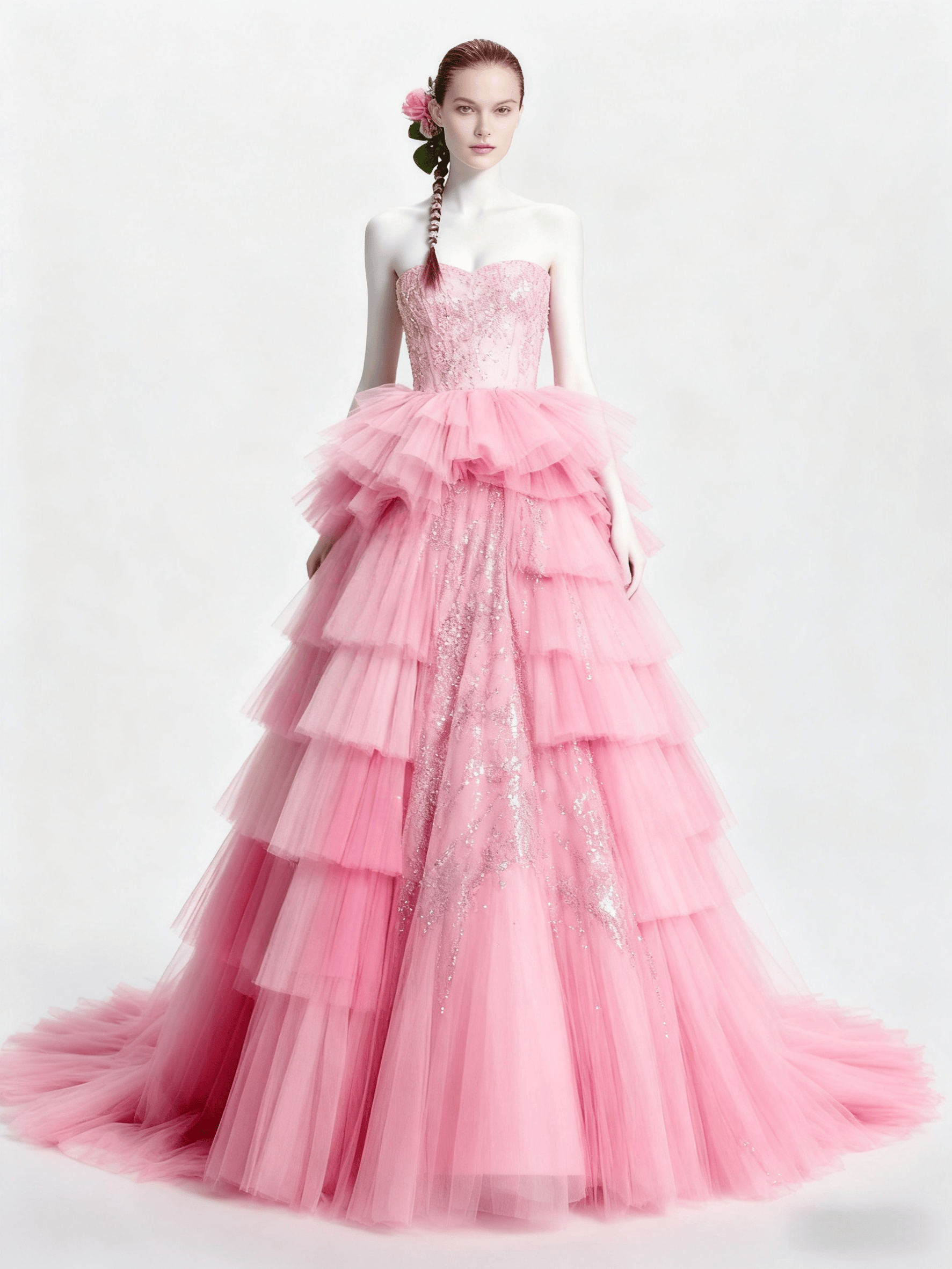 ピンクカラードレス　グラデーションチュール 　もこもこ　もふもふ　トレーン　二次会　結婚式　前撮り　舞台