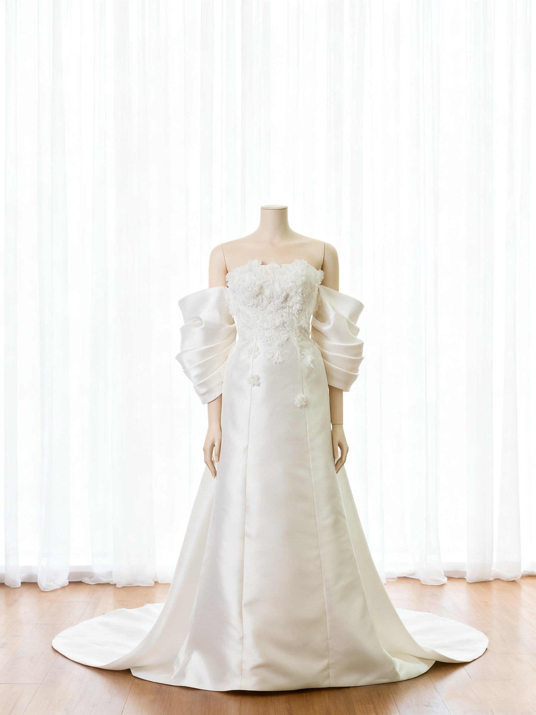 送料無料！ウェディングドレス リボン 3D立体レース刺繍  ソフトマーメイドライン ミカドサテン 結婚式 憧れのドレス