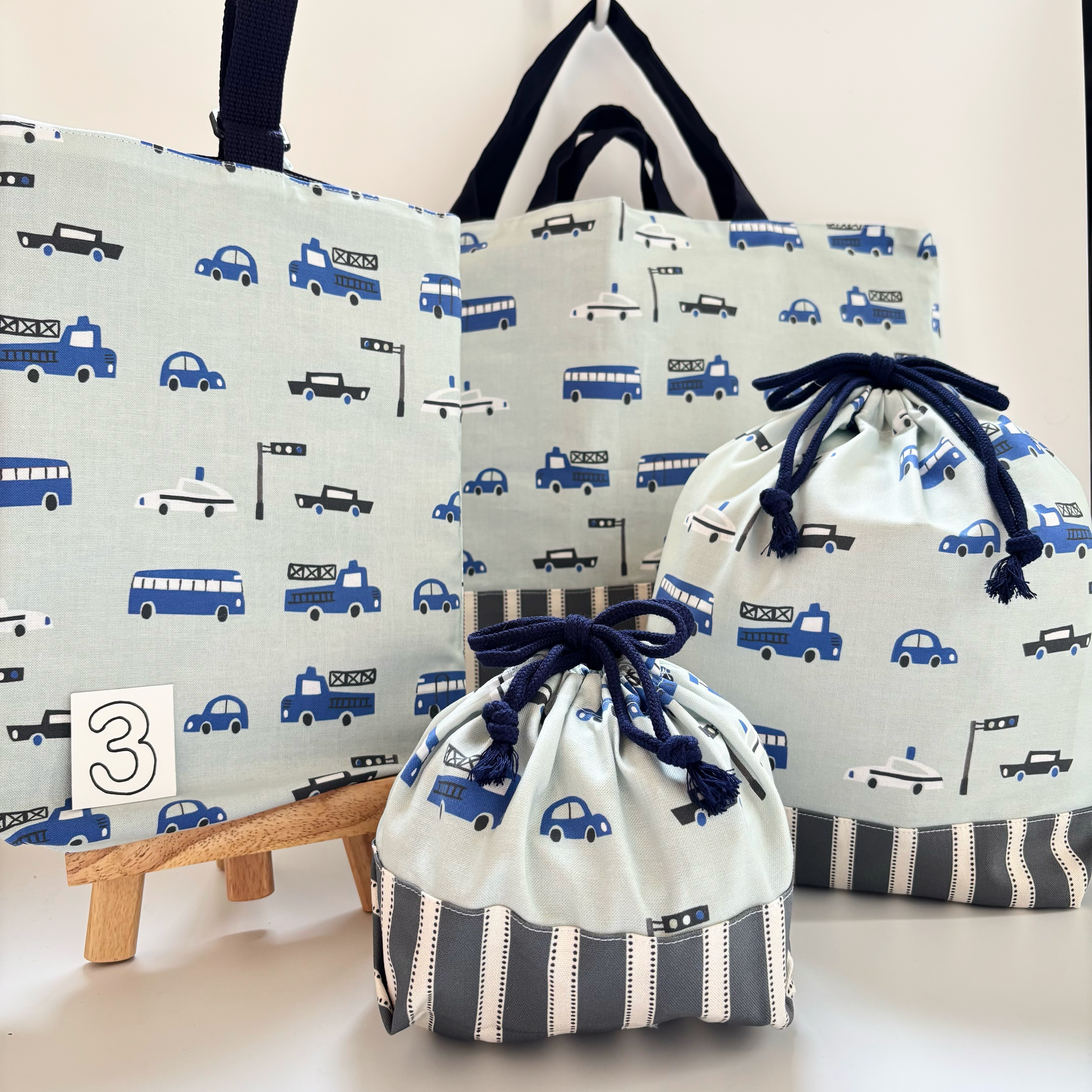 入学セット４点(レッスンバッグ,上履き入れ,体操服入れ,巾着)　【乗り物-３】