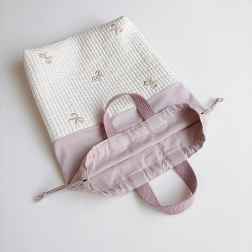 送料無料》リボン 刺繍 3点セット ヌビ キルト 入園入学 くすみピンク
