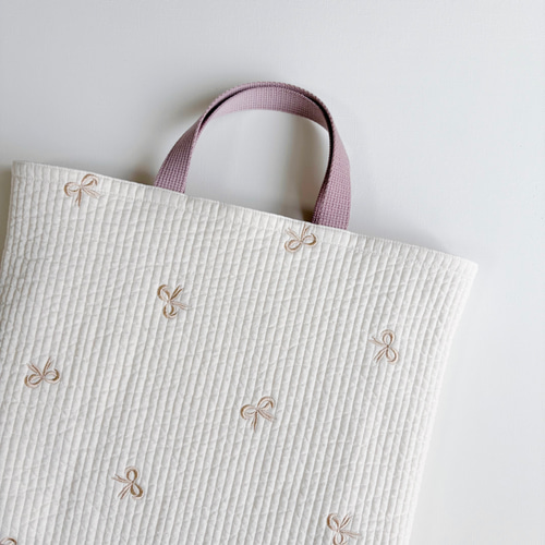 送料無料》リボン 刺繍 3点セット ヌビ キルト 入園入学 くすみピンク
