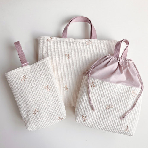 ヌビ　入園入学　3点セット　リボン　刺繍　くすみピンク　ラベンダー　女の子 送料無料》リボン 刺繍 3点セット ヌビ キルト 入園入学 くすみピンク