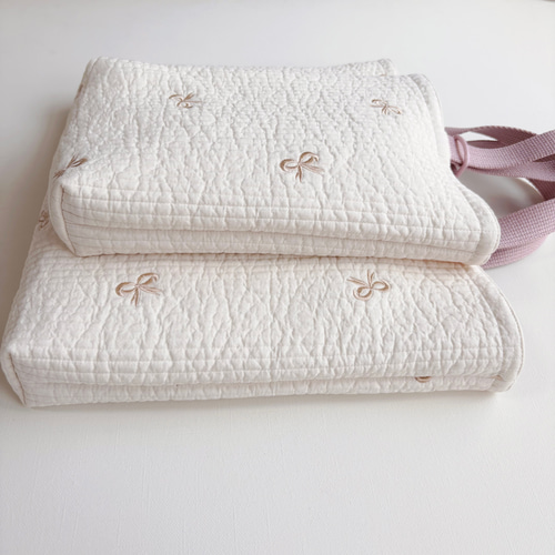 送料無料》リボン 刺繍 3点セット ヌビ キルト 入園入学 くすみピンク