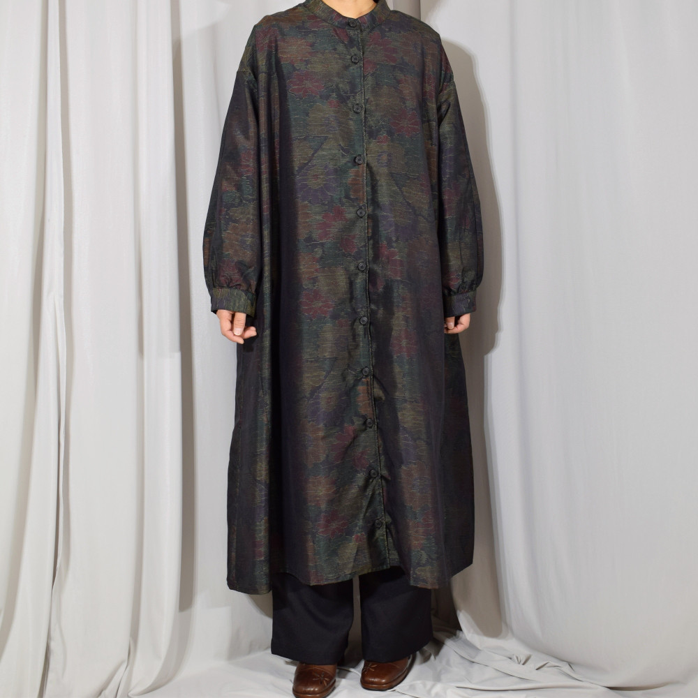 大島紬の着物から仕立てたロングシャツ,紬ロングシャツワンピース ,一点物,前開き羽織 ,Aライン【着物リメイク】