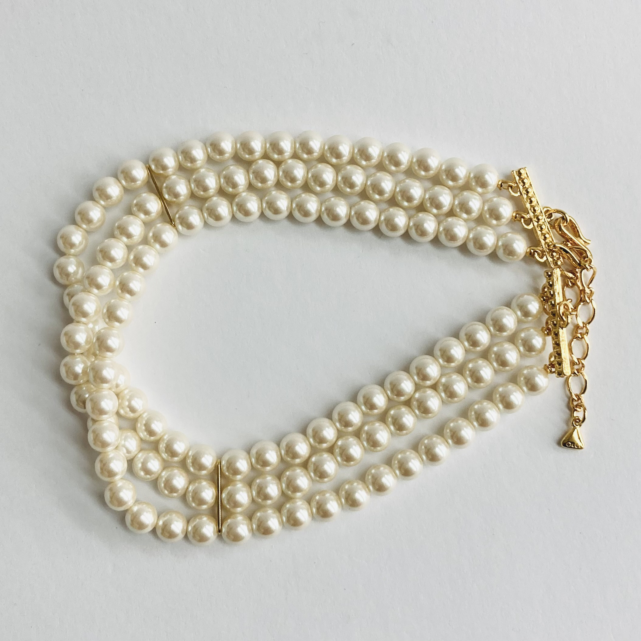 ガラスパール3連チョーカーネックレス/8mm約33cm+5cm/クリーム/G/日本製
