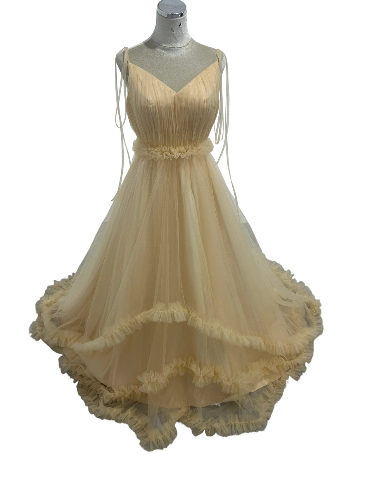 カラードレス キャミソール Vネック イエロー 背中見せ 前撮り 2次会 ファスナー リボントレーン